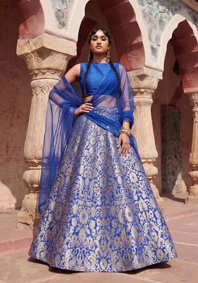 Cobalt Blue Brocade Jacquard Brocade Lehenga Set