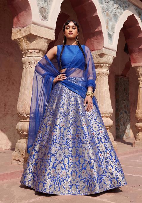 Cobalt Blue Silk Blend Brocade Lehenga Set
