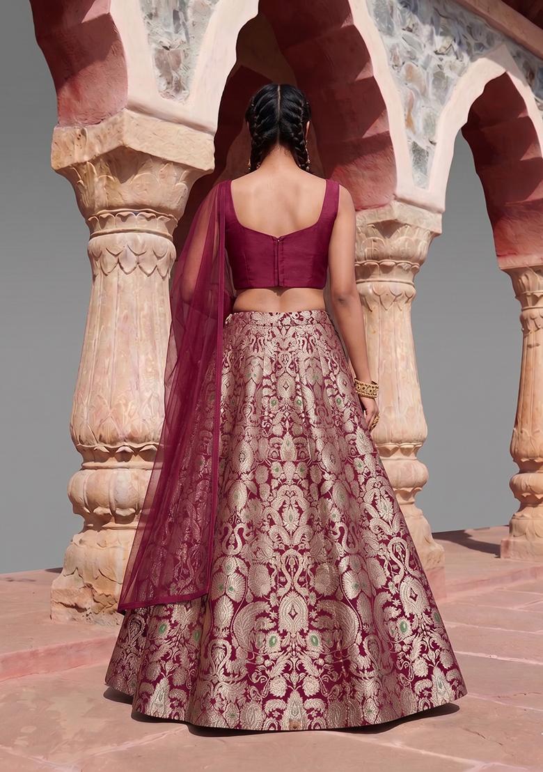 Maroon Brocade Jacquard Brocade Lehenga Set - Indya