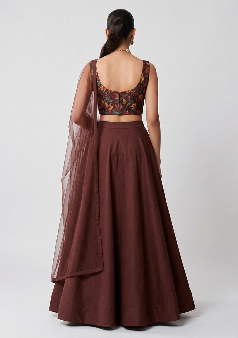 Chocolate Brown Printed Silk Blend Lehenga Set - Indya