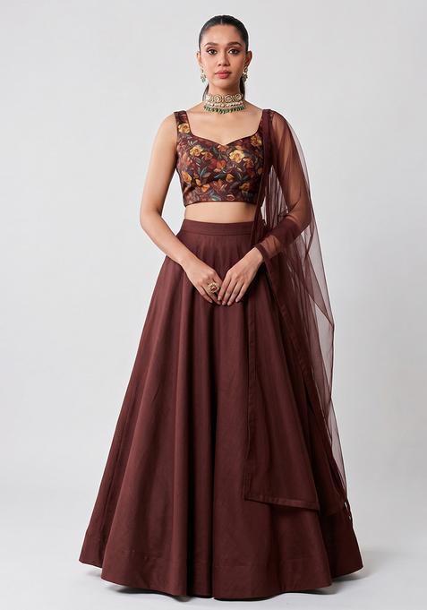 Chocolate Brown Silk Blend Floral Print Lehenga Set
