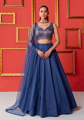 Royal Blue Printed Silk Blend Lehenga Set