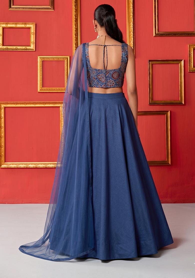 Royal Blue Printed Silk Blend Lehenga Set - Indya