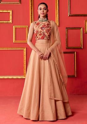Soft Peach Printed Silk Blend Lehenga Set