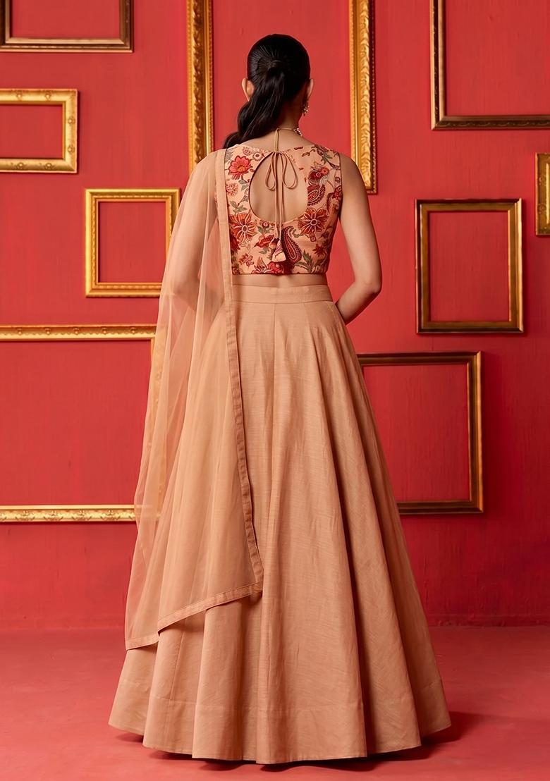 Soft Peach Printed Silk Blend Lehenga Set - Indya