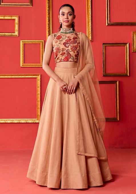 Soft Peach Silk Blend Floral Print Lehenga Set