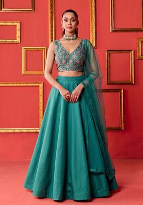 Teal Green Printed Silk Blend Lehenga Set