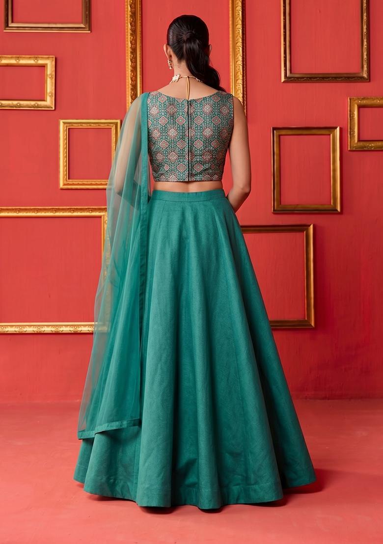 Teal Green Printed Silk Blend Lehenga Set - Indya