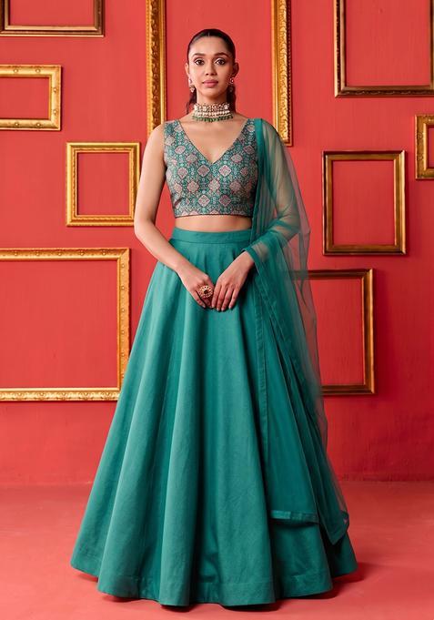Teal Green Silk Blend Printed Lehenga Set