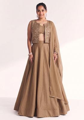Taupe Silk Blend Mirror Work Lehenga Set