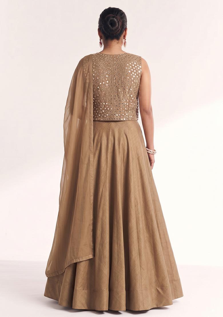 Taupe Silk Blend Mirror Work Lehenga Set - Indya