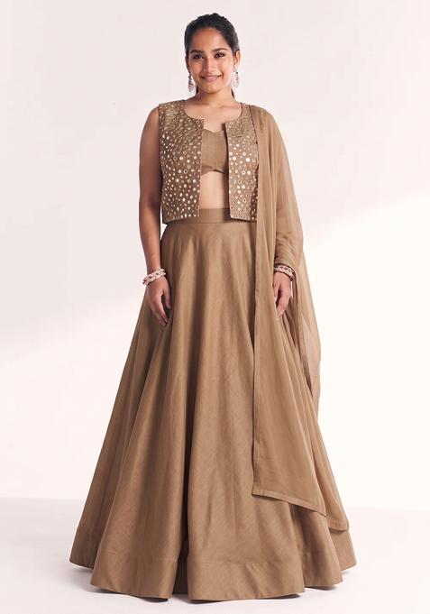 Wheatish Silk Blend Mirror Work Lehenga Set