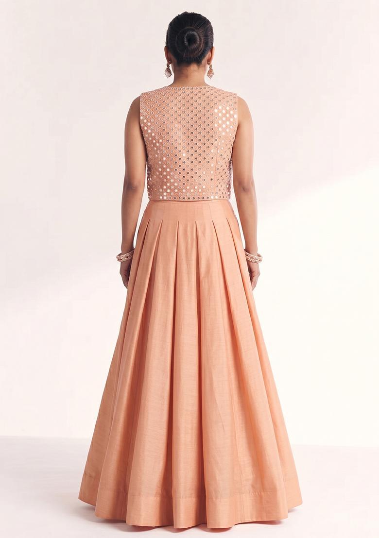 Soft Peach Mirror Work Silk Blend Lehenga Set - Indya