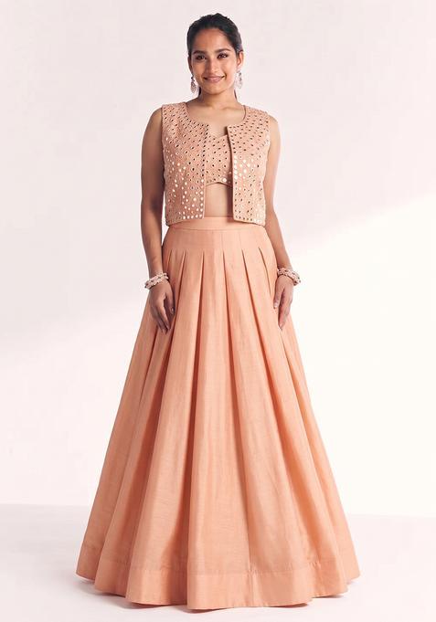 Soft Peach Silk Blend Mirror Work Lehenga Set