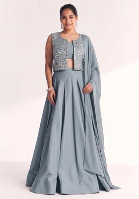 Bluish Grey Mirror Work Silk Blend Lehenga Set