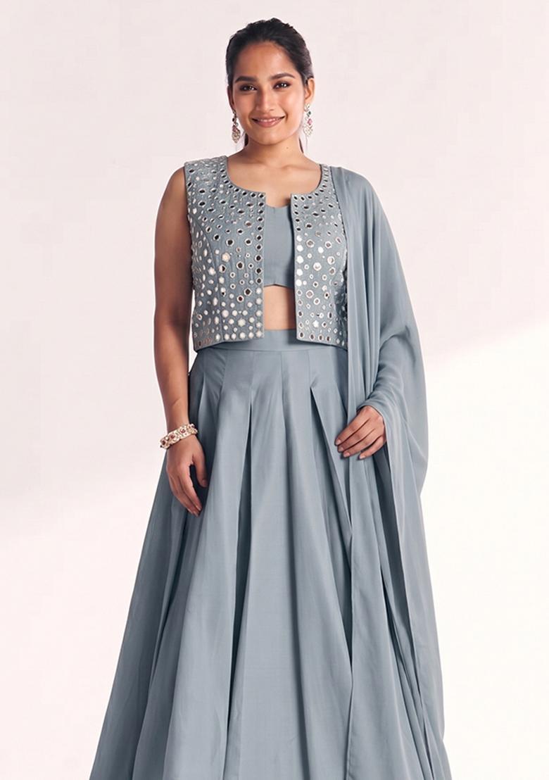 Bluish Grey Mirror Work Silk Blend Lehenga Set - Indya
