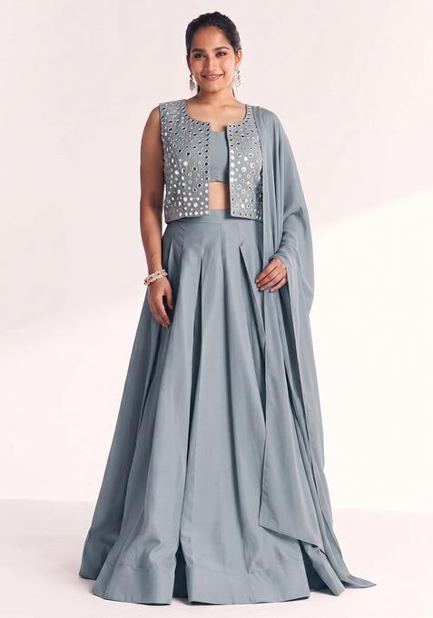 Bluish Grey Silk Blend Mirror Work Lehenga Set