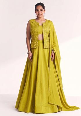 Lime Mirror Work Silk Blend Lehenga Set