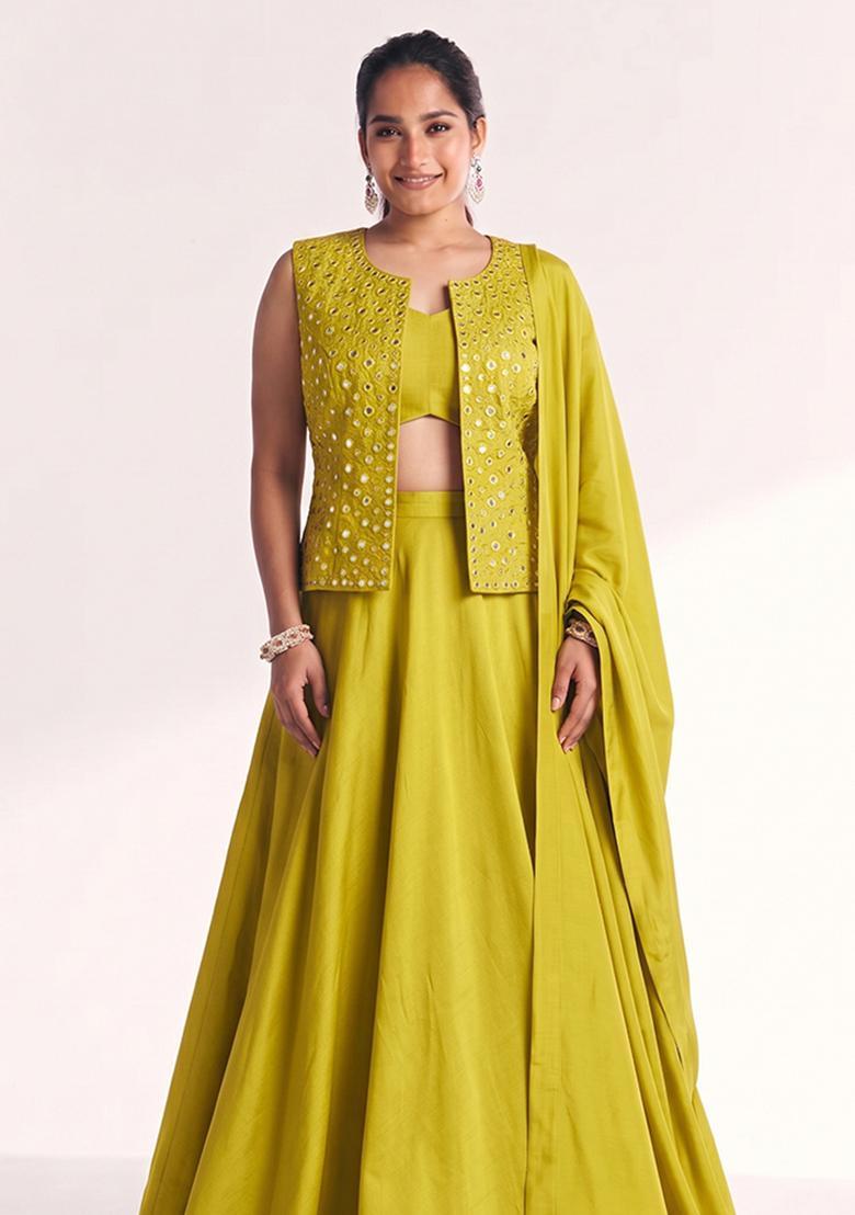 Lime Mirror Work Silk Blend Lehenga Set - Indya