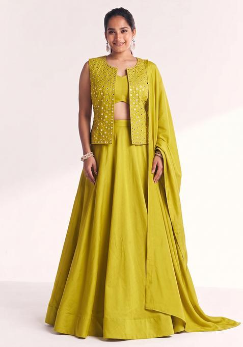 Lime Silk Blend Mirror Work Lehenga Set
