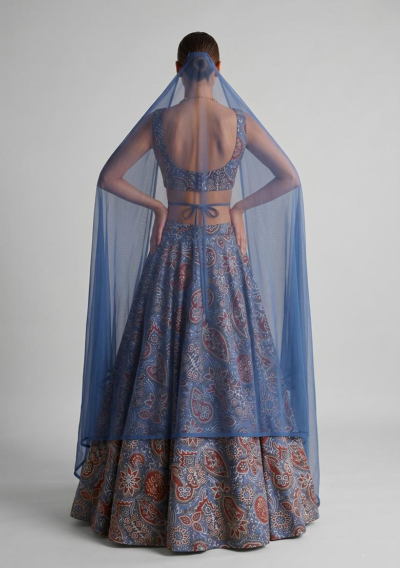 Royal Blue Printed Silk Blend Lehenga Set - Indya