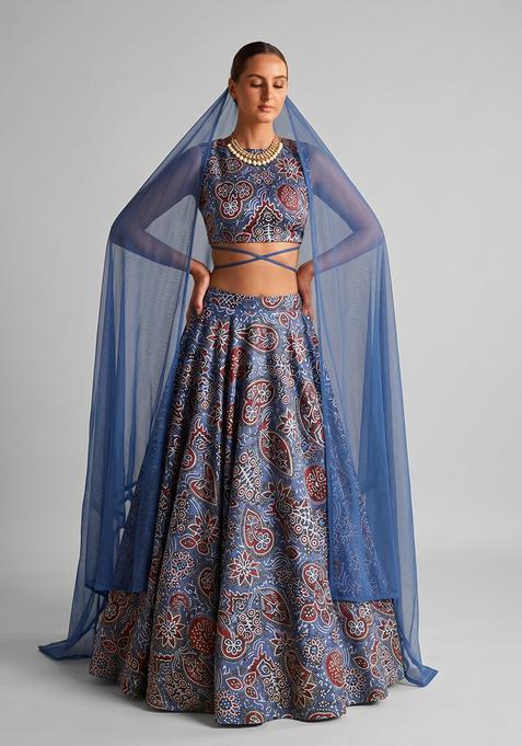 Royal Blue Silk Blend Printed Lehenga Set