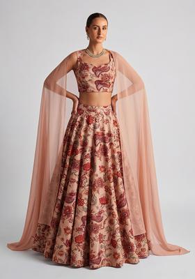 Soft Peach Printed Silk Blend Lehenga Set