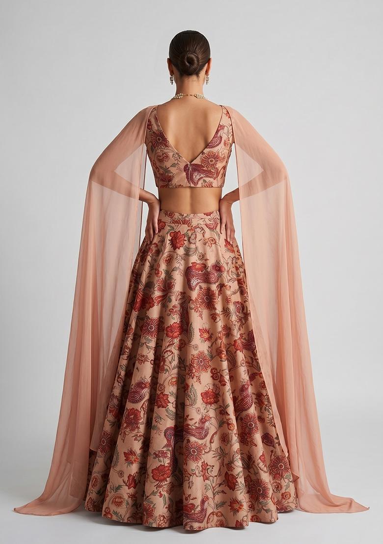 Soft Peach Printed Silk Blend Lehenga Set - Indya