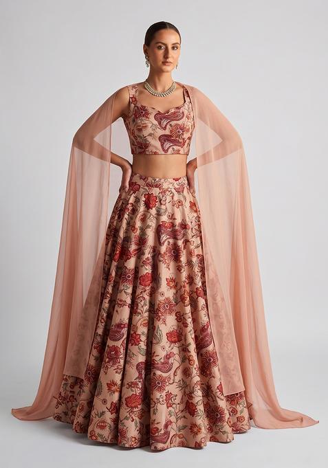 Soft Peach Silk Blend Floral Print Lehenga Set