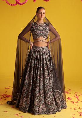 Medium Brown Printed Silk Blend Lehenga Set