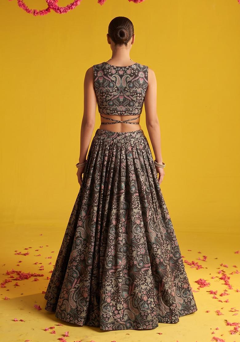 Medium Brown Printed Silk Blend Lehenga Set - Indya