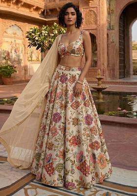 Ivory Printed Crepe Lehenga Set