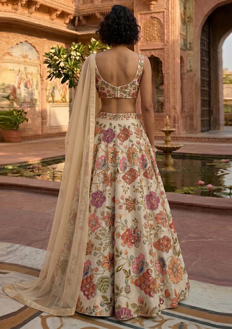 Ivory Printed Crepe Lehenga Set - Indya