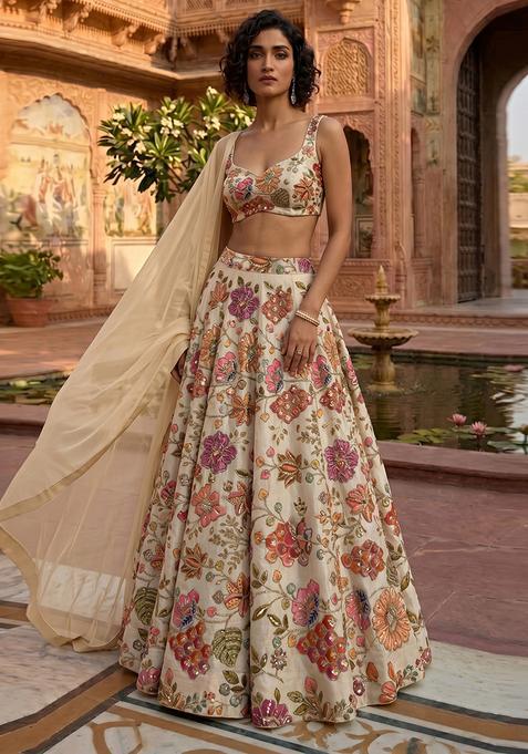 Ivory Printed Crepe Lehenga Set