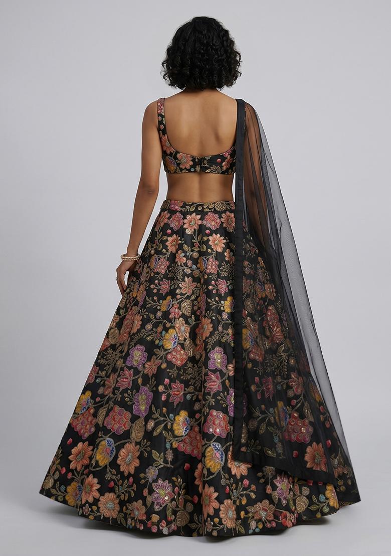 Black Printed Crepe Lehenga Set - Indya
