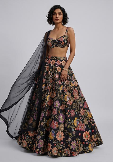 Black Printed Crepe Lehenga Set