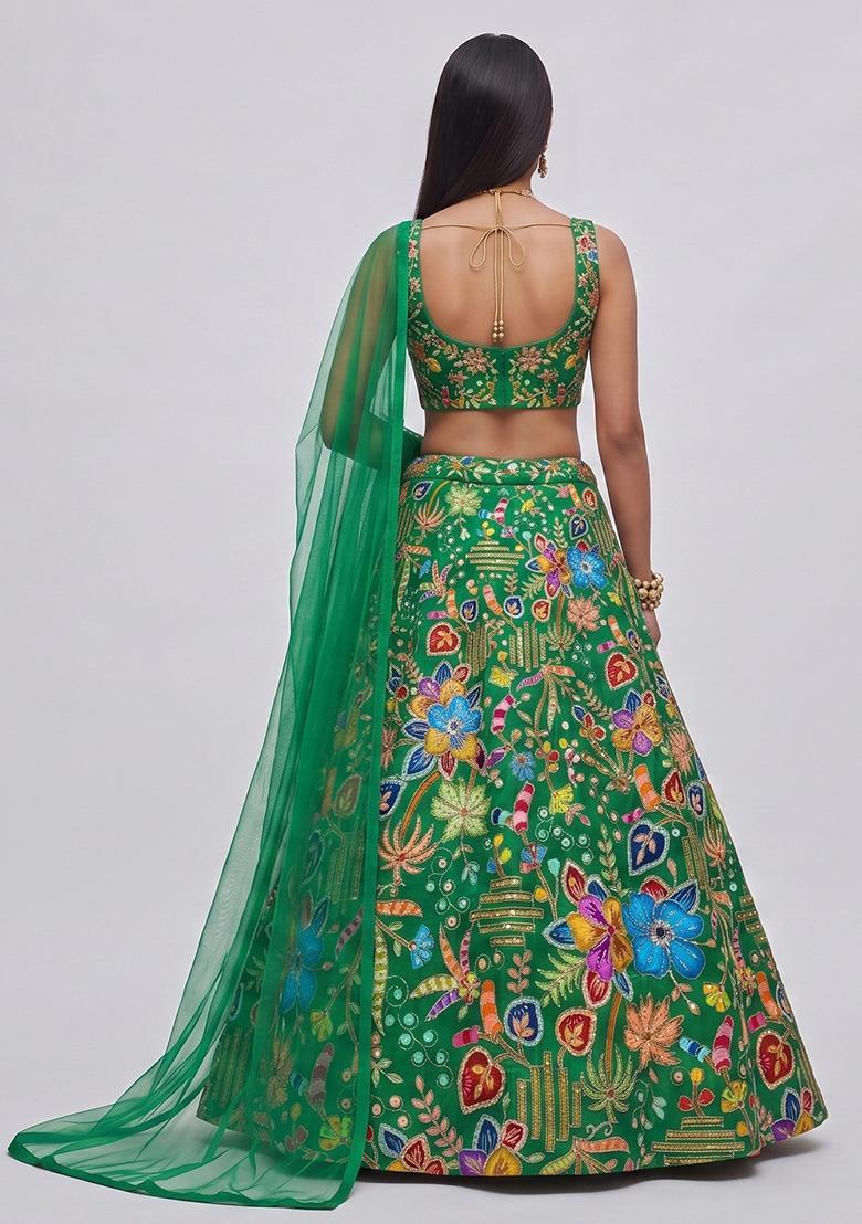 Emerald Green Printed Crepe Lehenga Set - Indya