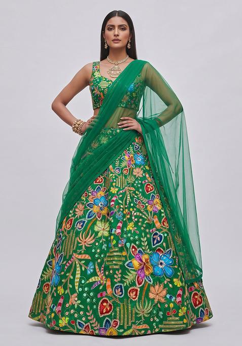 Emerald Green Printed Crepe Lehenga Set