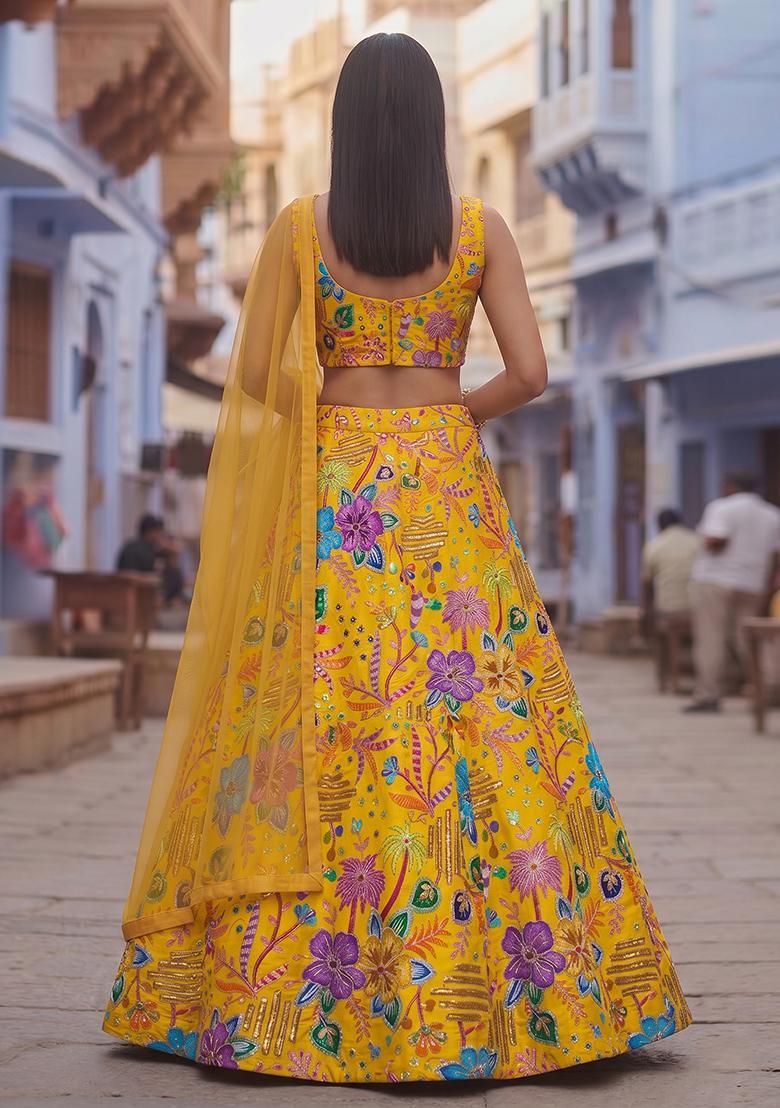 Mustard Printed Crepe Lehenga Set - Indya
