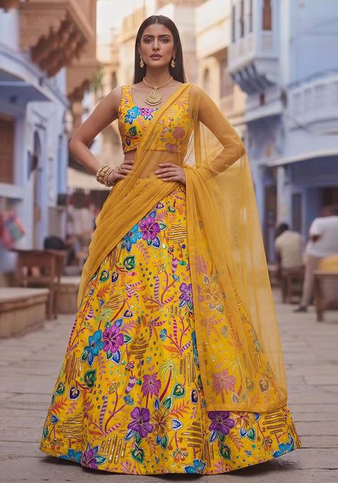 Mustard Silk Blend Embroidered Handwork Lehenga Set