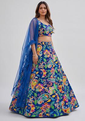 Royal Blue Printed Crepe Lehenga Set