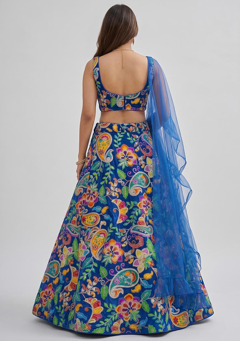 Royal Blue Printed Crepe Lehenga Set - Indya