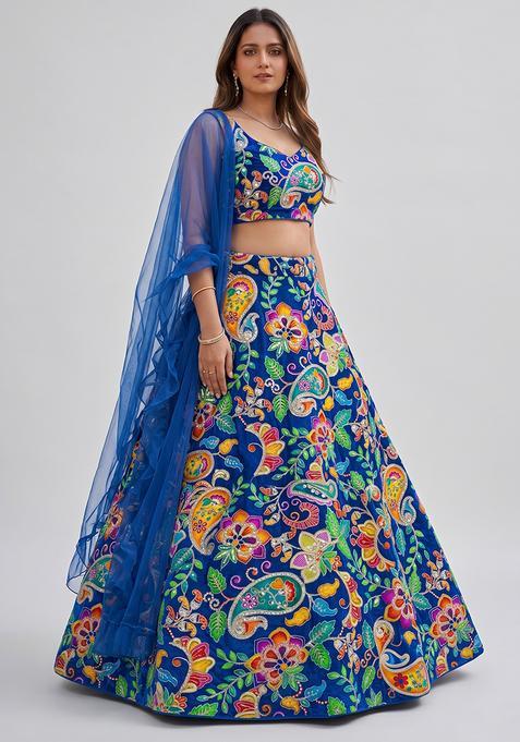 Royal Blue Printed Crepe Lehenga Set
