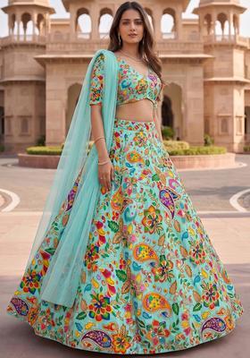 Aquamarine Printed Crepe Lehenga Set