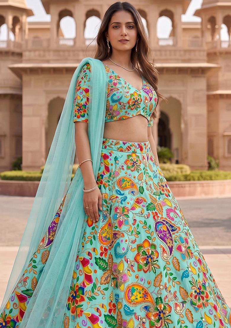 Aquamarine Printed Crepe Lehenga Set - Indya