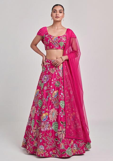Rani Pink Silk Blend Embroidered Handwork Lehenga Set