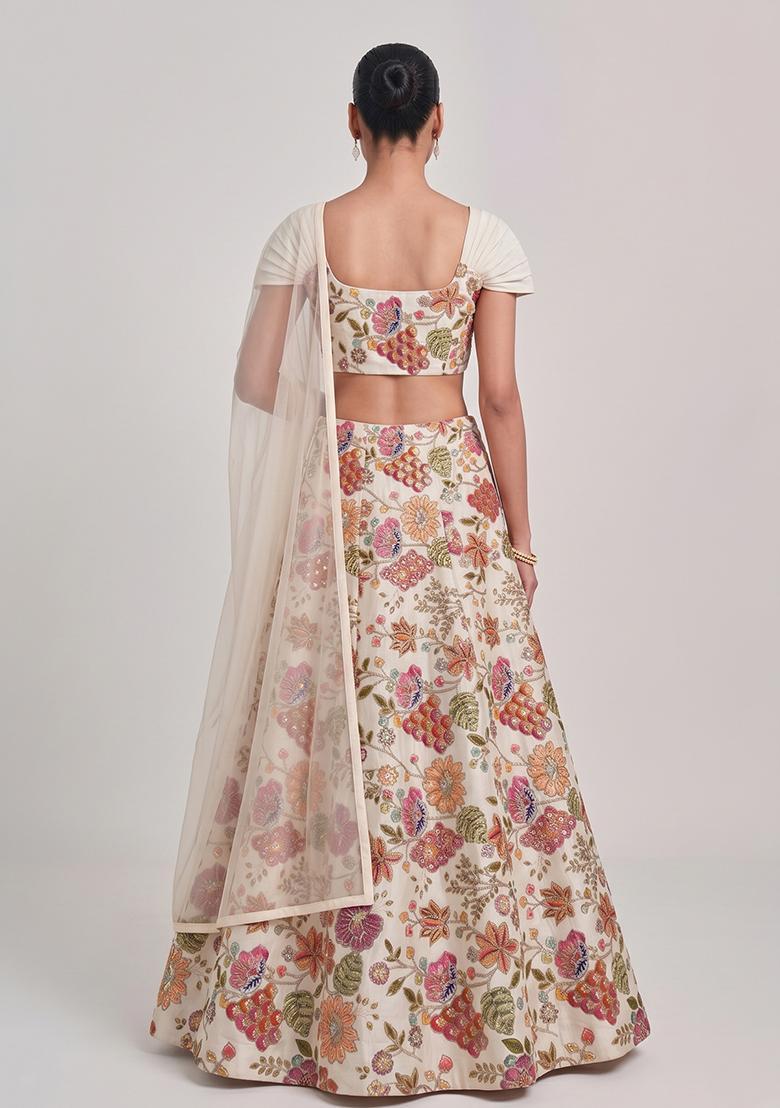 Ivory Printed Crepe Lehenga Set - Indya