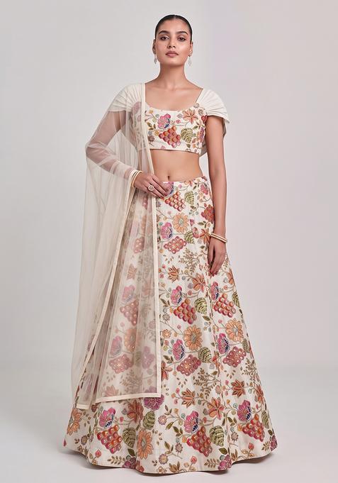 Ivory Silk Blend Embroidered Lehenga Set