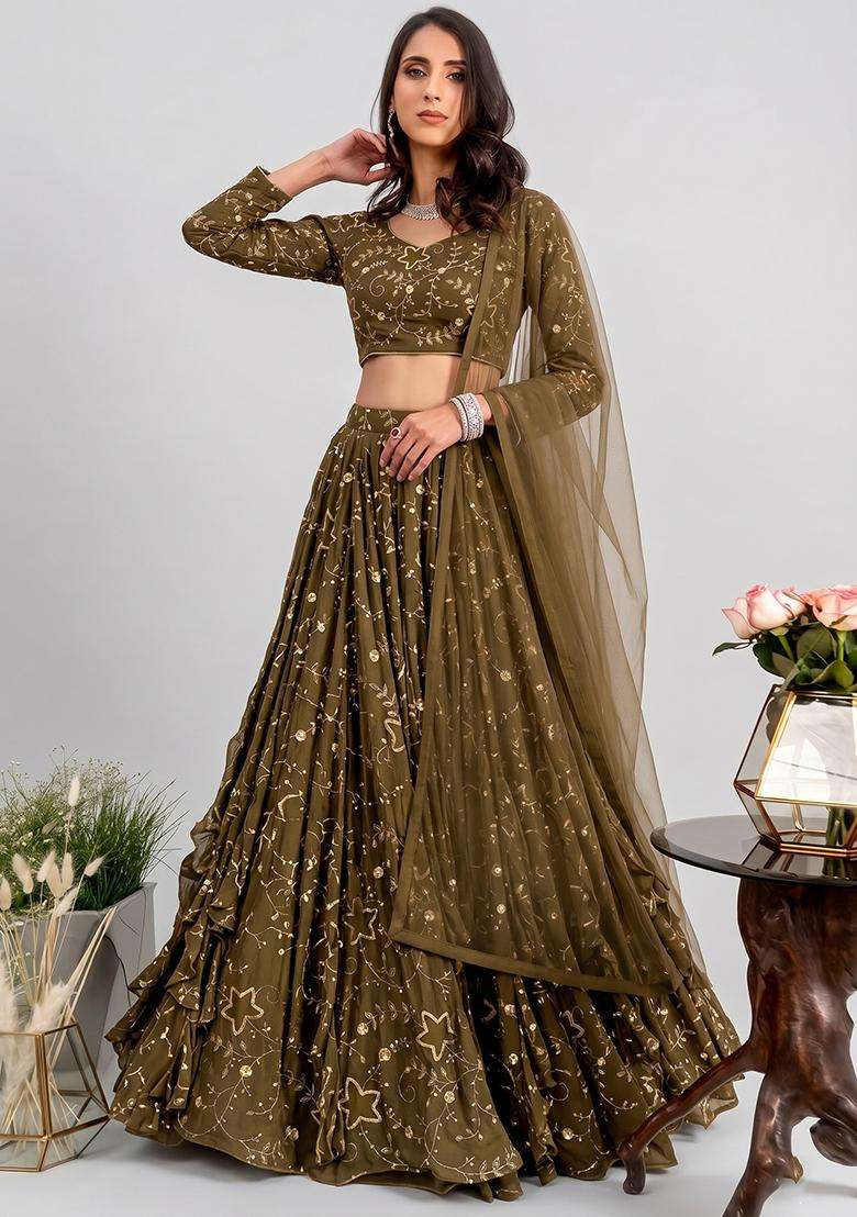 Olive Green Embroidered Tissue Lehenga Set - Indya