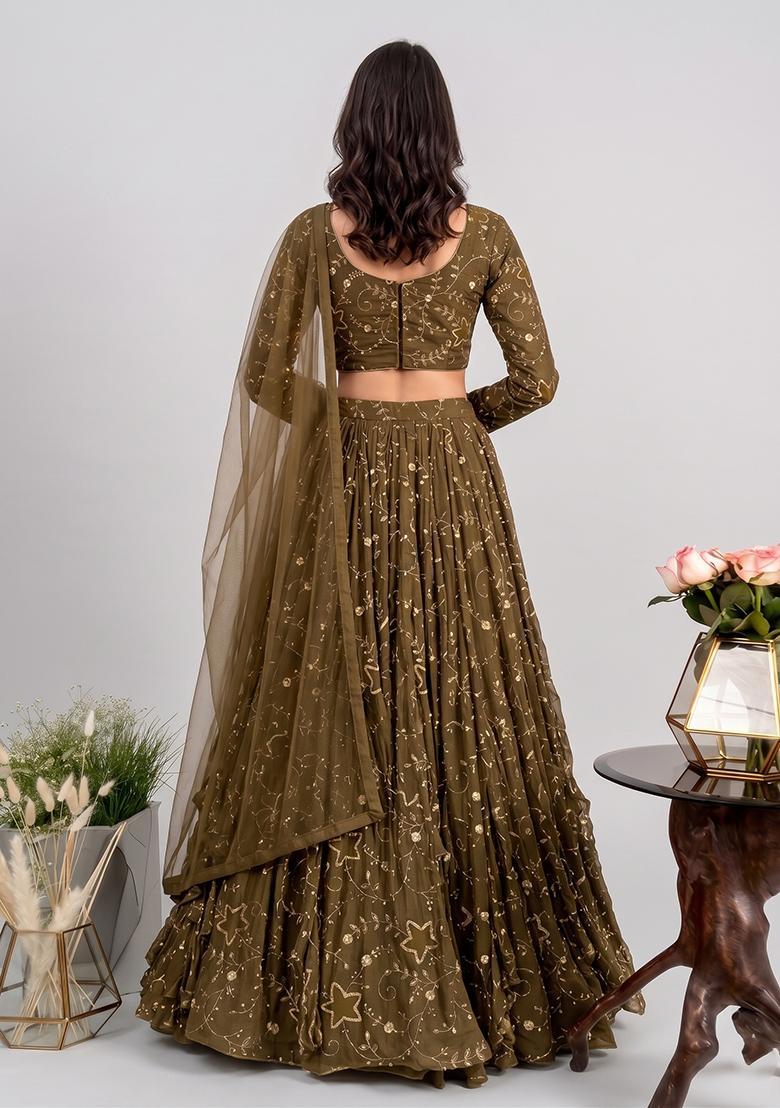 Olive Green Embroidered Tissue Lehenga Set - Indya